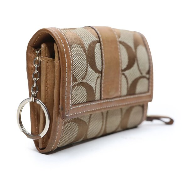 COACH Signature Y2K Canvas Bi Fold Wallet Khaki Brown Leather Trim Coins Keyring - Picture 12 of 13